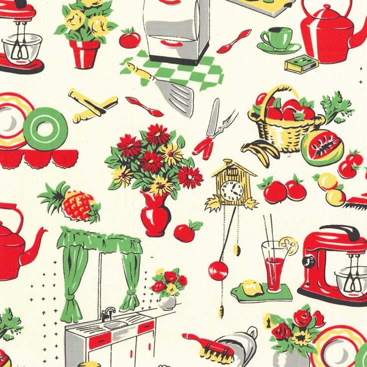 Image of the Fifties Kitchen cream fabric by Michael Miller. Features kitchen appliances and utensils on a cream background. 
Cute Little Fabric Shop