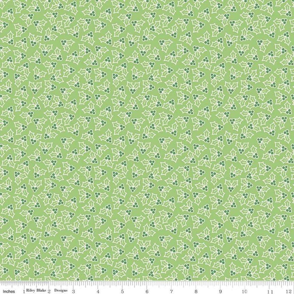 Image of the Cozy Christmas Holly Green fabric by Riley Blake Designs. Features tossed holly and berries. 
Cute Little Fabric Shop