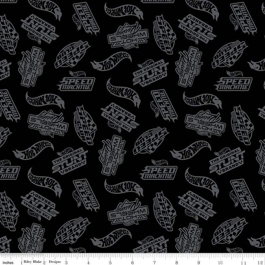 Image of the Hot Wheels Made to Race Tone-on-Tone Black quilting cotton fabric by Riley Blake Designs. Official licensed product. Features tone-on-tone Hot Wheels logos and icons on a midnight black background. 
Cute Little Fabric Shop