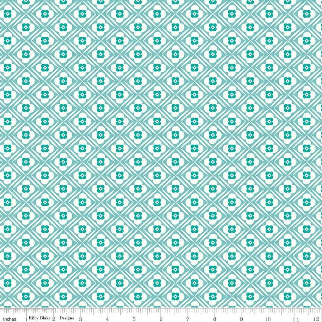 Image of the Granny Chic Hugs Blue quilting cotton fabric by Lori Holt by Riley Blake Designs. Features flowers on a geometric background on an aqua background.
Cute Little Fabric Shop