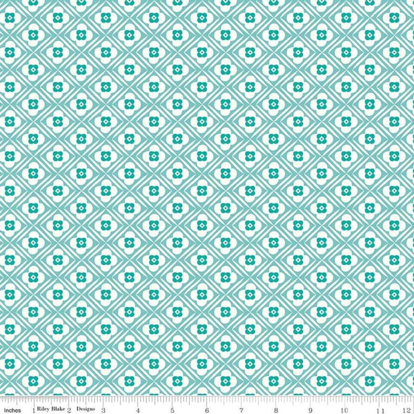 Image of the Granny Chic Hugs Blue quilting cotton fabric by Lori Holt by Riley Blake Designs. Features flowers on a geometric background on an aqua background.
Cute Little Fabric Shop