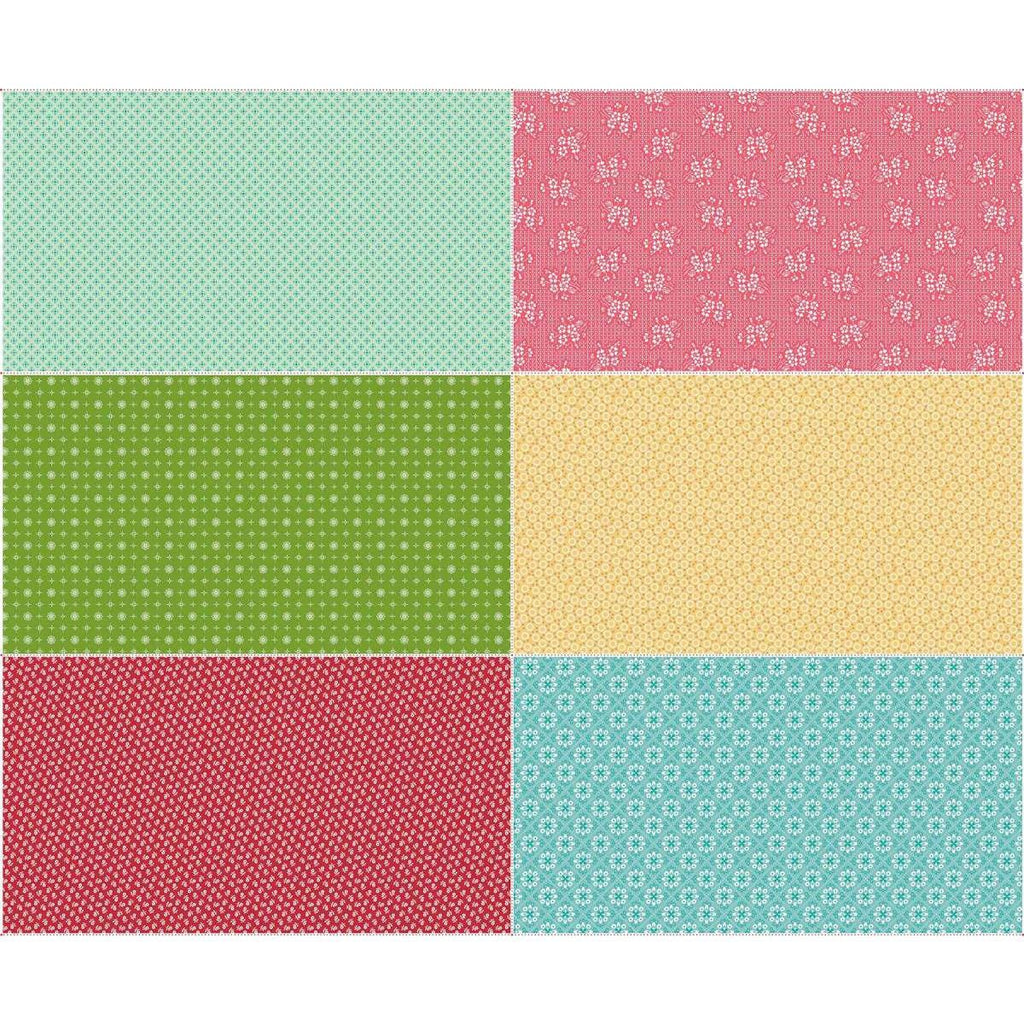 Image of the Granny Chic Scrappy Sixth Panel Two by Lori Holt for Riley Blake Designs. Features 6 fat sixths, green, pink, mint, yellow, red, and blue. 
Cute Little Fabric Shop