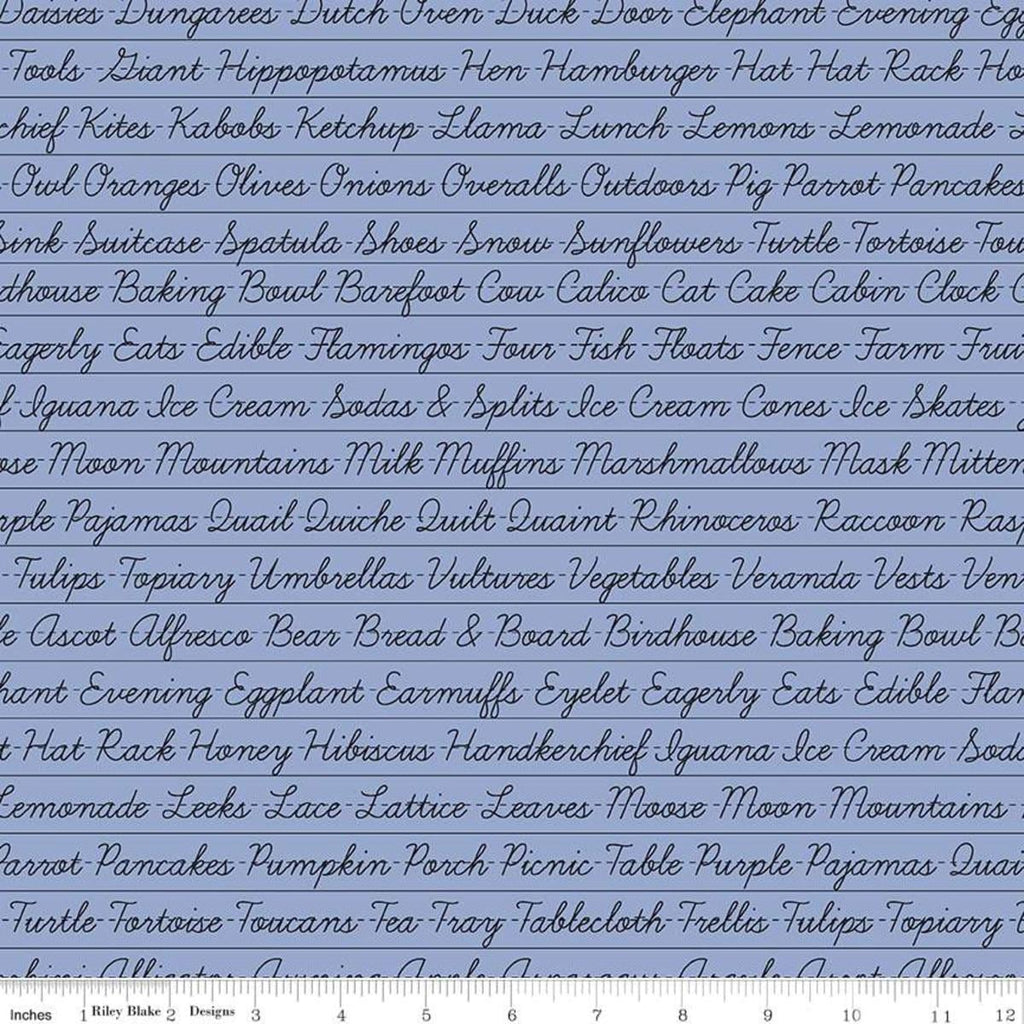 Image of the Hungry Animal Alphabet Penmanship Periwinkle quilting cotton fabric by J. Wecker Frisch for Riley Blake Designs. Features cursive words on a periwinkle blue background. 
Cute Little Fabric Shop