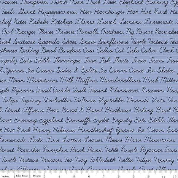 Image of the Hungry Animal Alphabet Penmanship Periwinkle quilting cotton fabric by J. Wecker Frisch for Riley Blake Designs. Features cursive words on a periwinkle blue background. 
Cute Little Fabric Shop