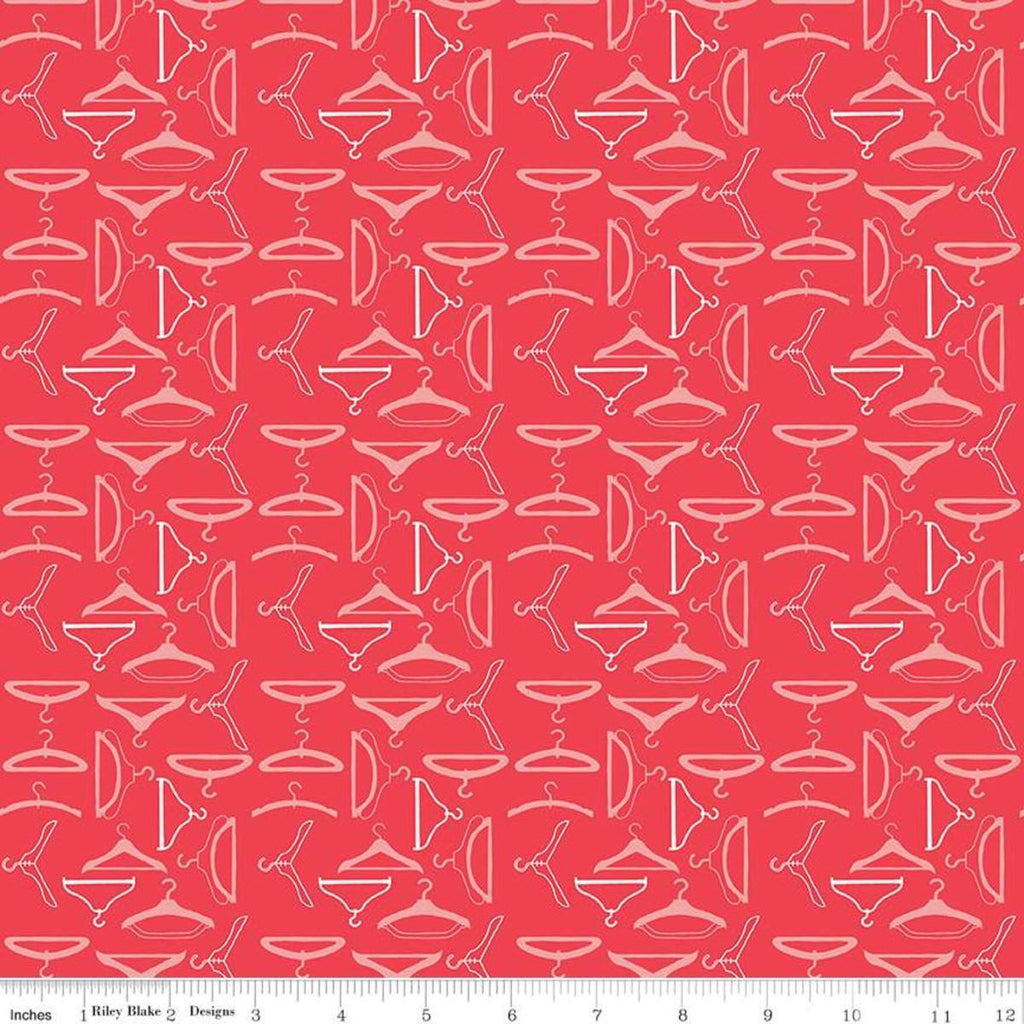 Image of the Vintage Happy 2 Hangers Cayenne quilting cotton fabric by Lori Holt for Riley Blake Designs. Features clothing hangers on a bright coral pink background.  
Cute Little Fabric Shop