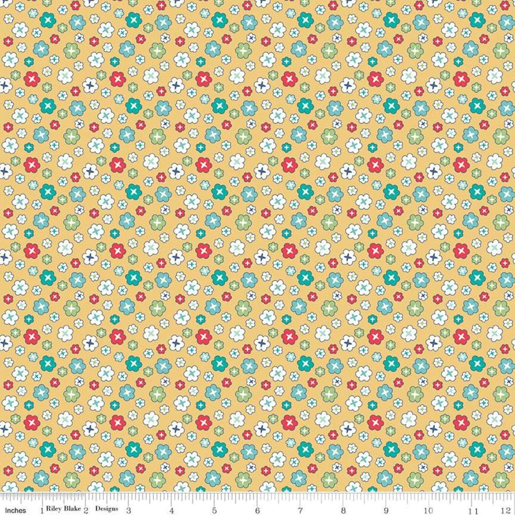 Image of the Vintage Happy 2 Blossoms Honey quilting cotton fabric by Lori Holt for Riley Blake Designs. Features scattered blossoms on a light yellow background.  
Cute Little Fabric Shop