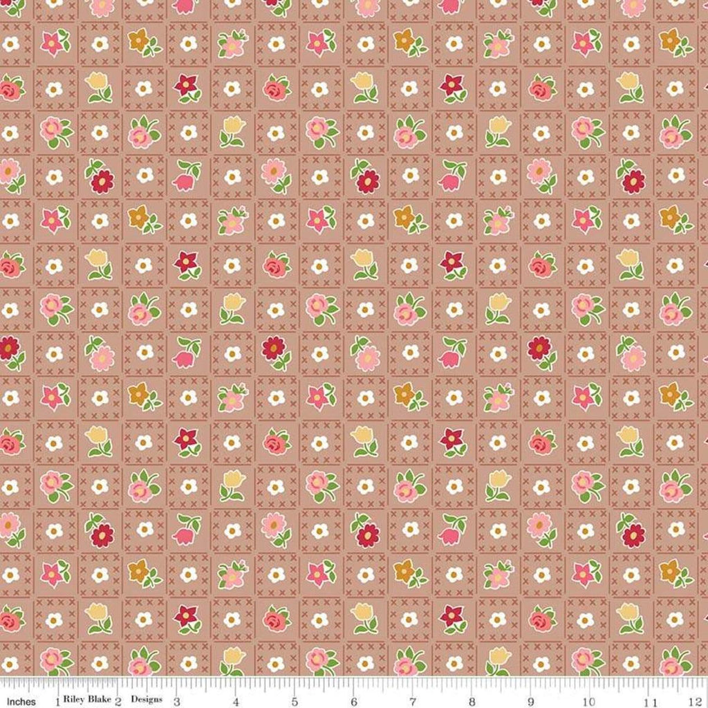 Image of the Granny Chic Garden Brown quilting cotton fabric by Lori Holt for Riley Blake Designs. Features flowers on a grid brown background. 
Cute Little Fabric Shop