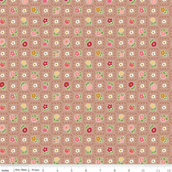 Image of the Granny Chic Garden Brown quilting cotton fabric by Lori Holt for Riley Blake Designs. Features flowers on a grid brown background. 
Cute Little Fabric Shop
