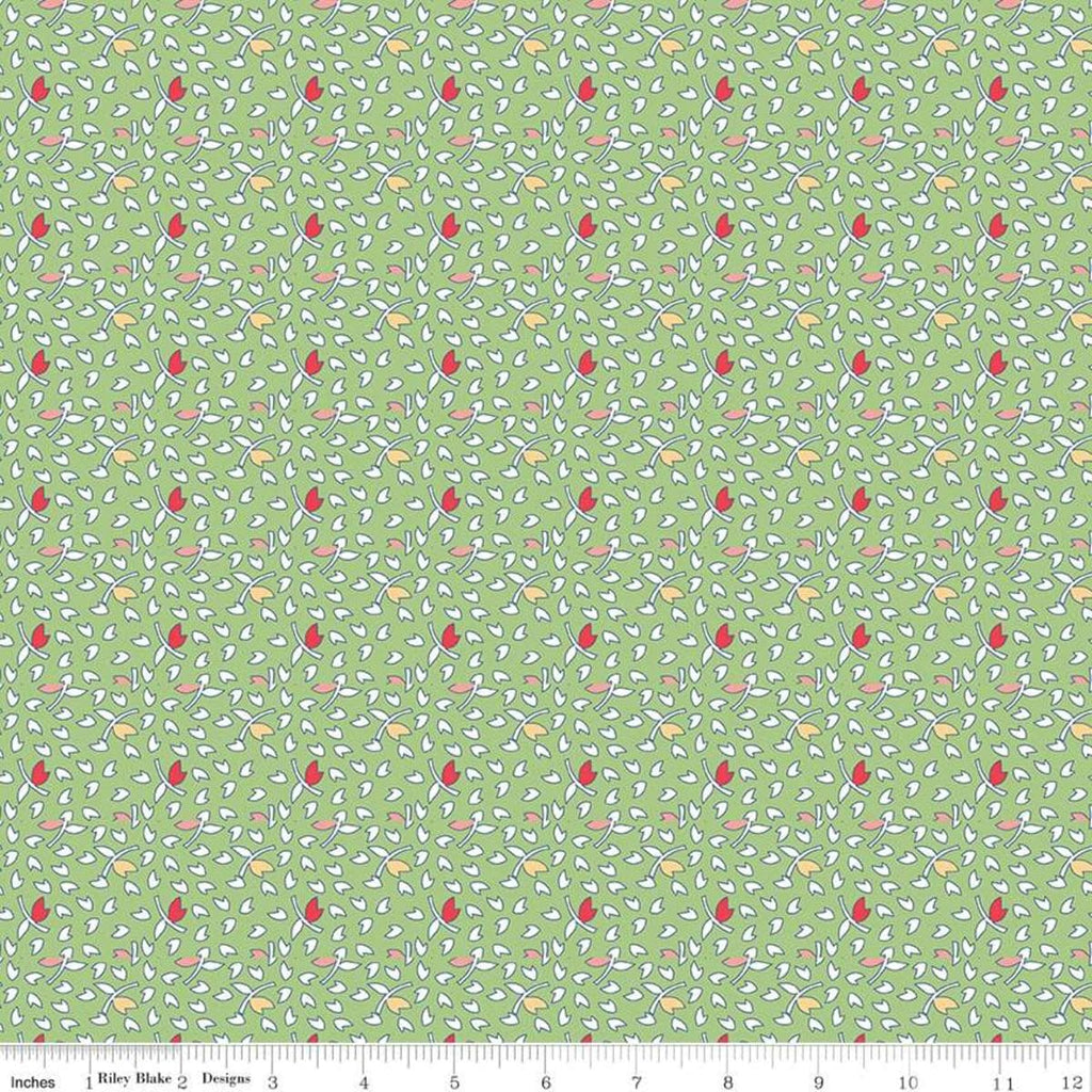 Image of the Vintage Happy 2 Leaves Green quilting cotton fabric by Lori Holt for Riley Blake Designs. Features scattered leaves on a green background. 
Cute Little Fabric Shop