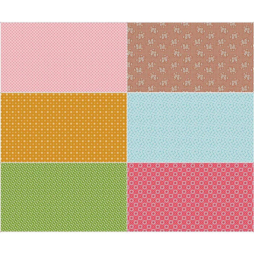 Image of the Granny Chic Scrappy Sixth Panel One by Lori Holt for Riley Blake Designs. Features 6 fat sixths, pink, brown, yellow, blue, green, and red. 
Cute Little Fabric Shop