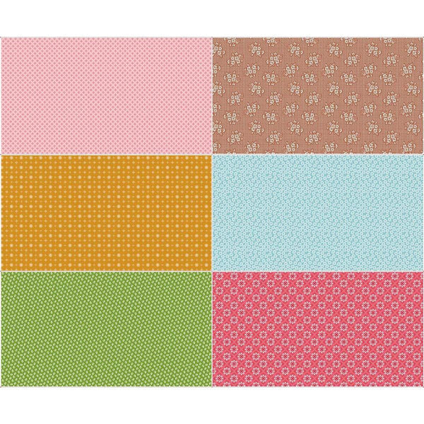 Image of the Granny Chic Scrappy Sixth Panel One by Lori Holt for Riley Blake Designs. Features 6 fat sixths, pink, brown, yellow, blue, green, and red. 
Cute Little Fabric Shop