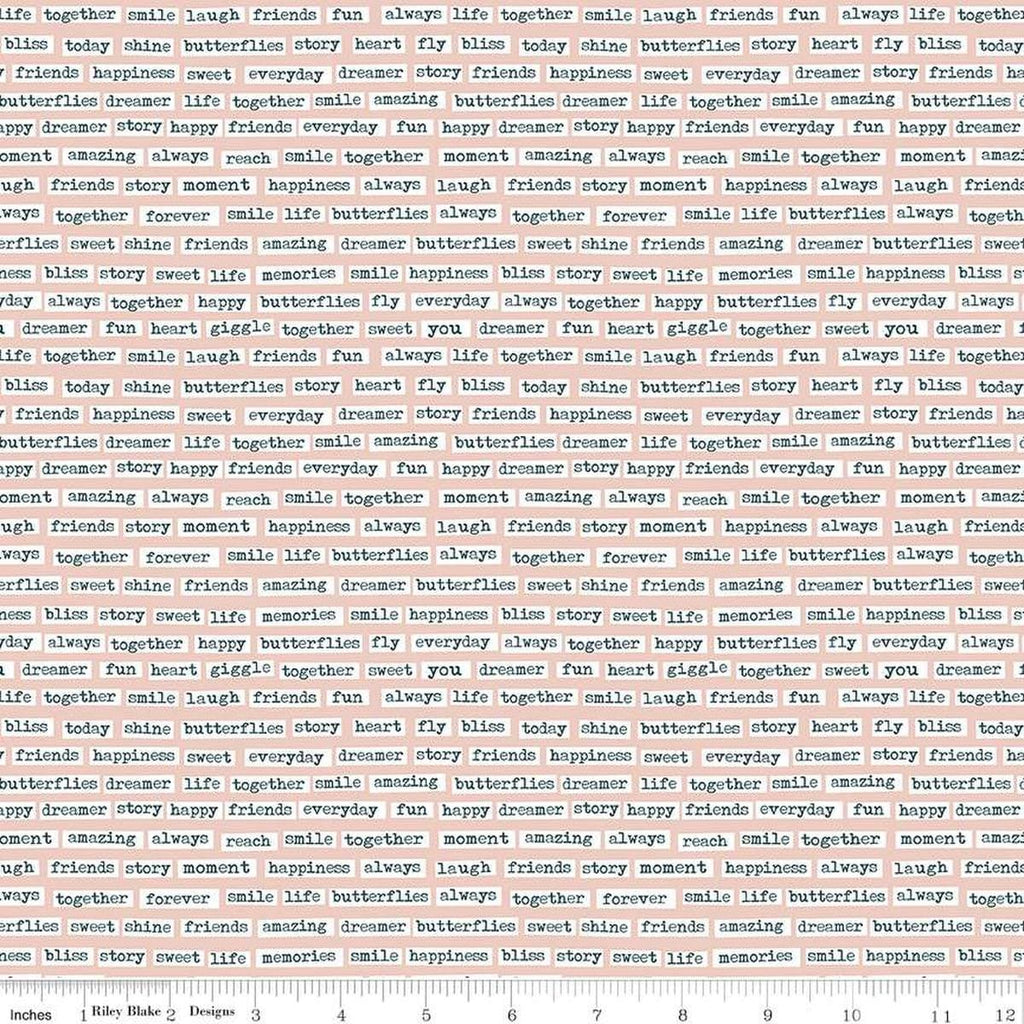 Image of the Vintage Charm Words Blush quilting cotton fabric by Dani Mogstad for Riley Blake Designs. Features scattered typewriter words on a pale pink background. 
Cute Little Fabric Shop