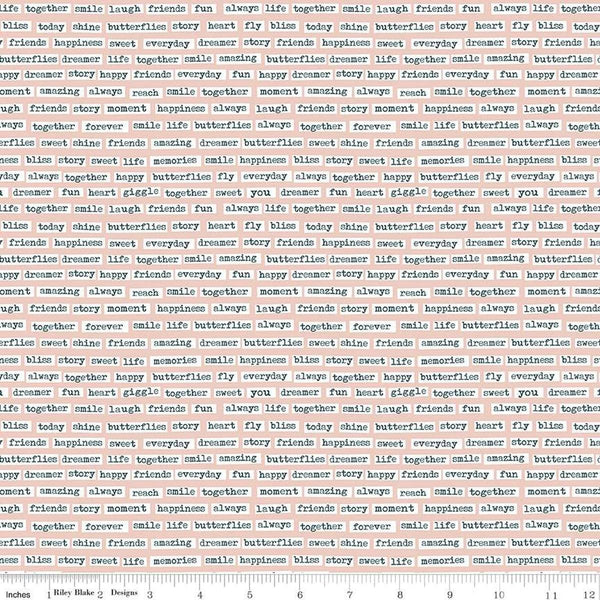 Image of the Vintage Charm Words Blush quilting cotton fabric by Dani Mogstad for Riley Blake Designs. Features scattered typewriter words on a pale pink background. 
Cute Little Fabric Shop