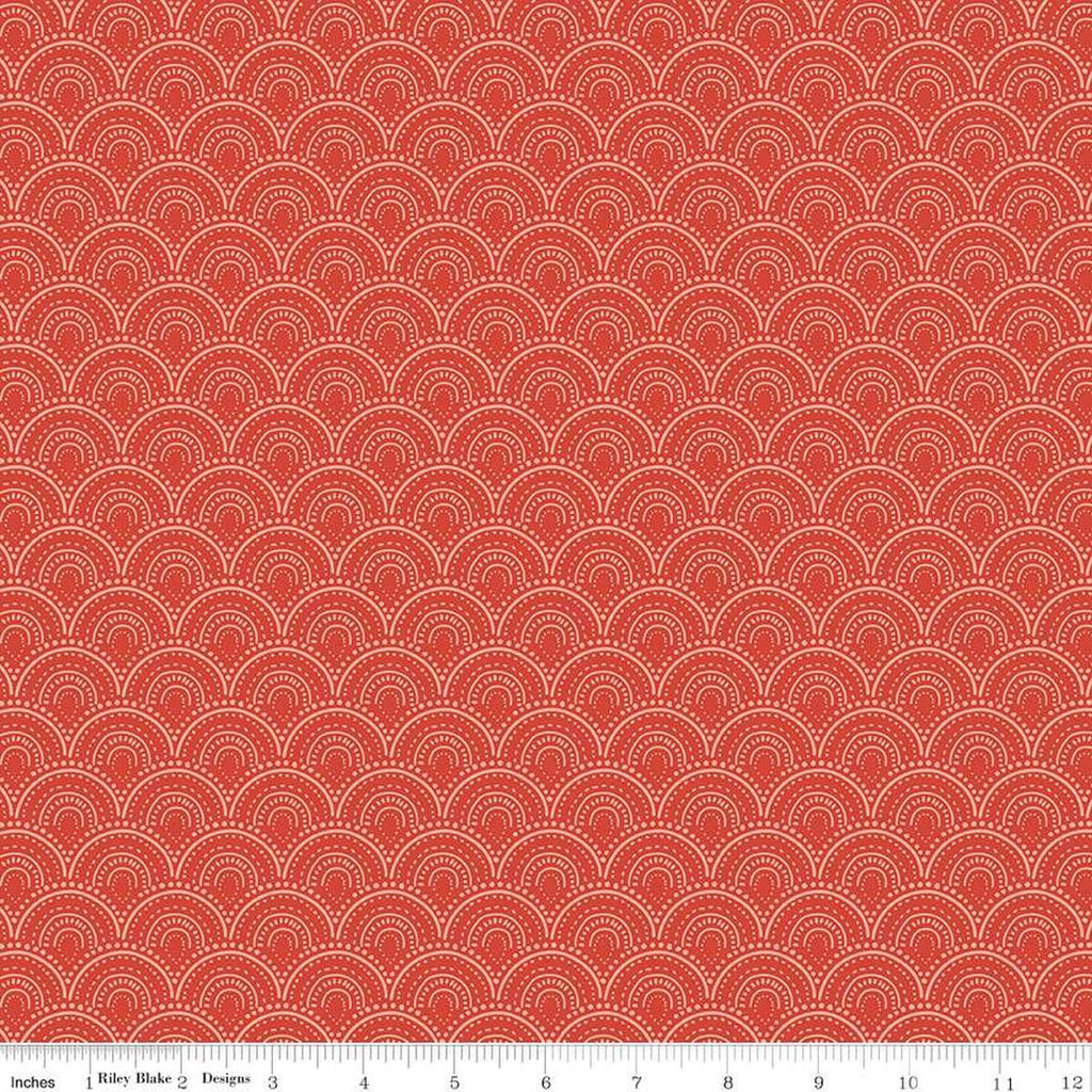 Image of the Vintage Charm Scallops Red quilting cotton fabric by Dani Mogstad for Riley Blake Designs. Features a clamshell pattern on a bright red background. 
Cute Little Fabric Shop