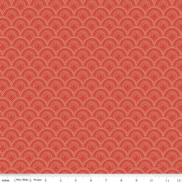 Image of the Vintage Charm Scallops Red quilting cotton fabric by Dani Mogstad for Riley Blake Designs. Features a clamshell pattern on a bright red background. 
Cute Little Fabric Shop