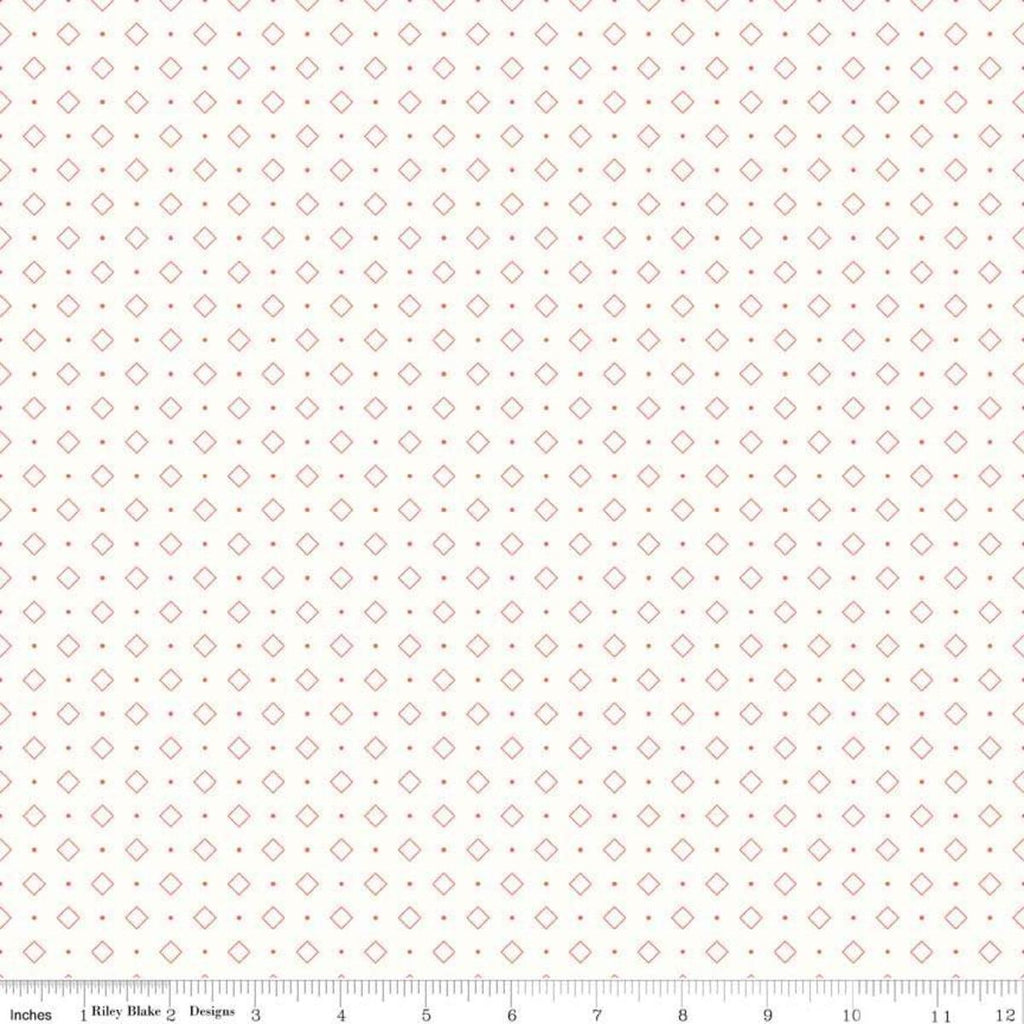 Image of the Bee Backgrounds Diamond Coral quilting cotton fabric by Lori Holt for Riley Blake Designs. Features coral diamonds on a cream background. 
Cute Little Fabric Shop