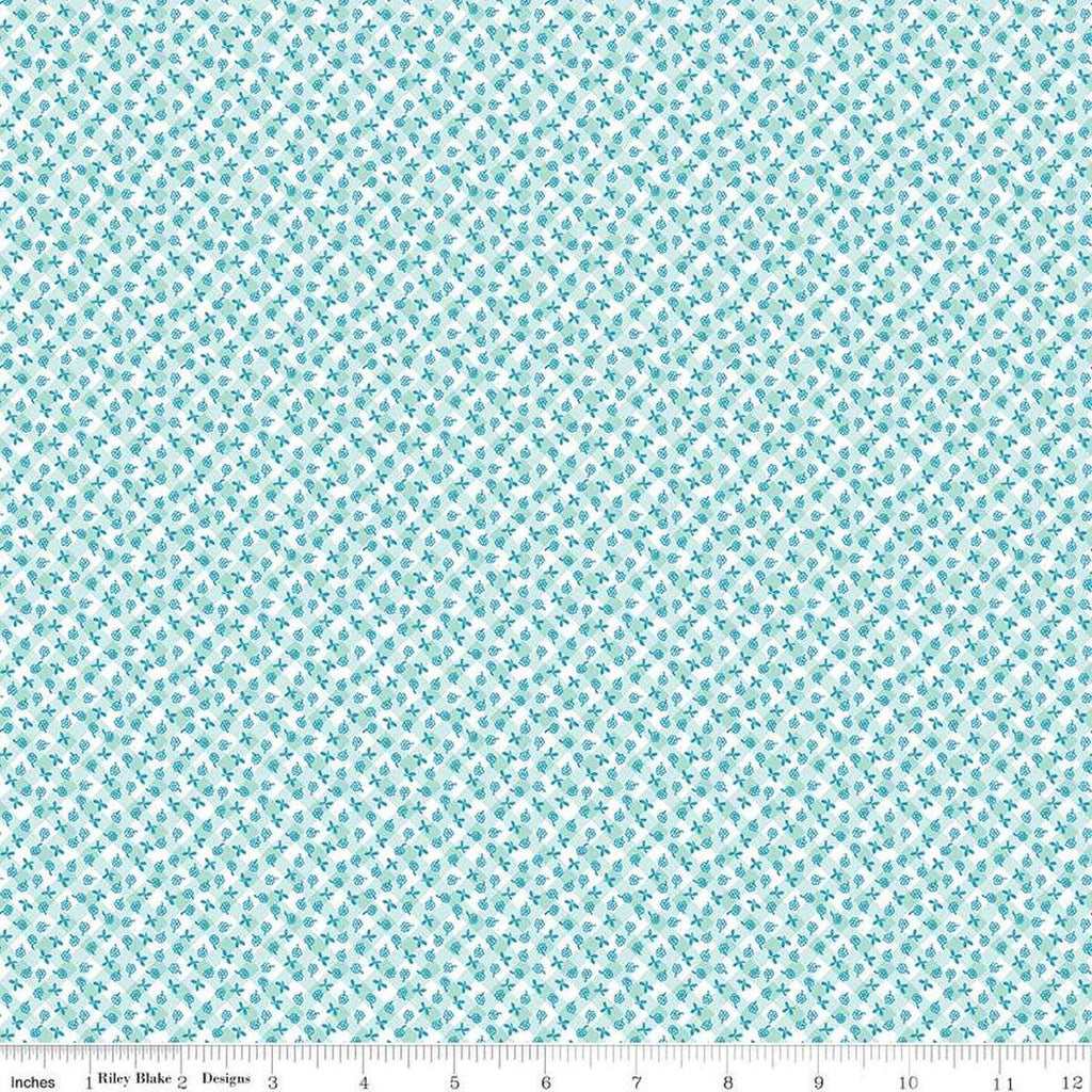 Image of the Playtime 30s Gingham Mint quilting cotton fabric by Lindsay Wilkes for Riley Blake Designs. Features small scattered flowers on a diagonal gingham stripe on a light blue background. 
Cute Little Fabric Shop