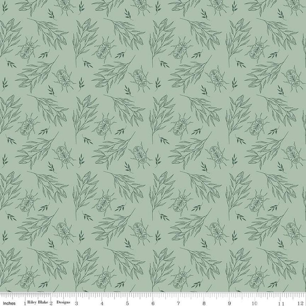 Image of the Garden Dreams Beetle Sage quilting cotton fabric by Amber Elliot for Riley Blake Designs. Features leaves and beetles on a light green background. 
Cute Little Fabric Shop