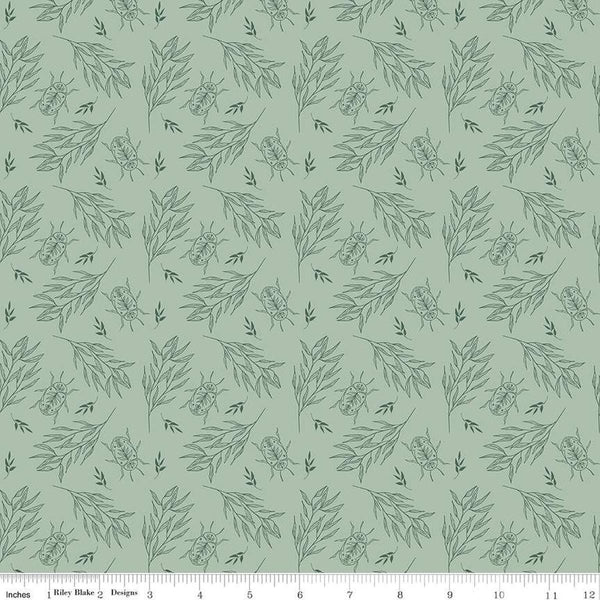 Image of the Garden Dreams Beetle Sage quilting cotton fabric by Amber Elliot for Riley Blake Designs. Features leaves and beetles on a light green background. 
Cute Little Fabric Shop