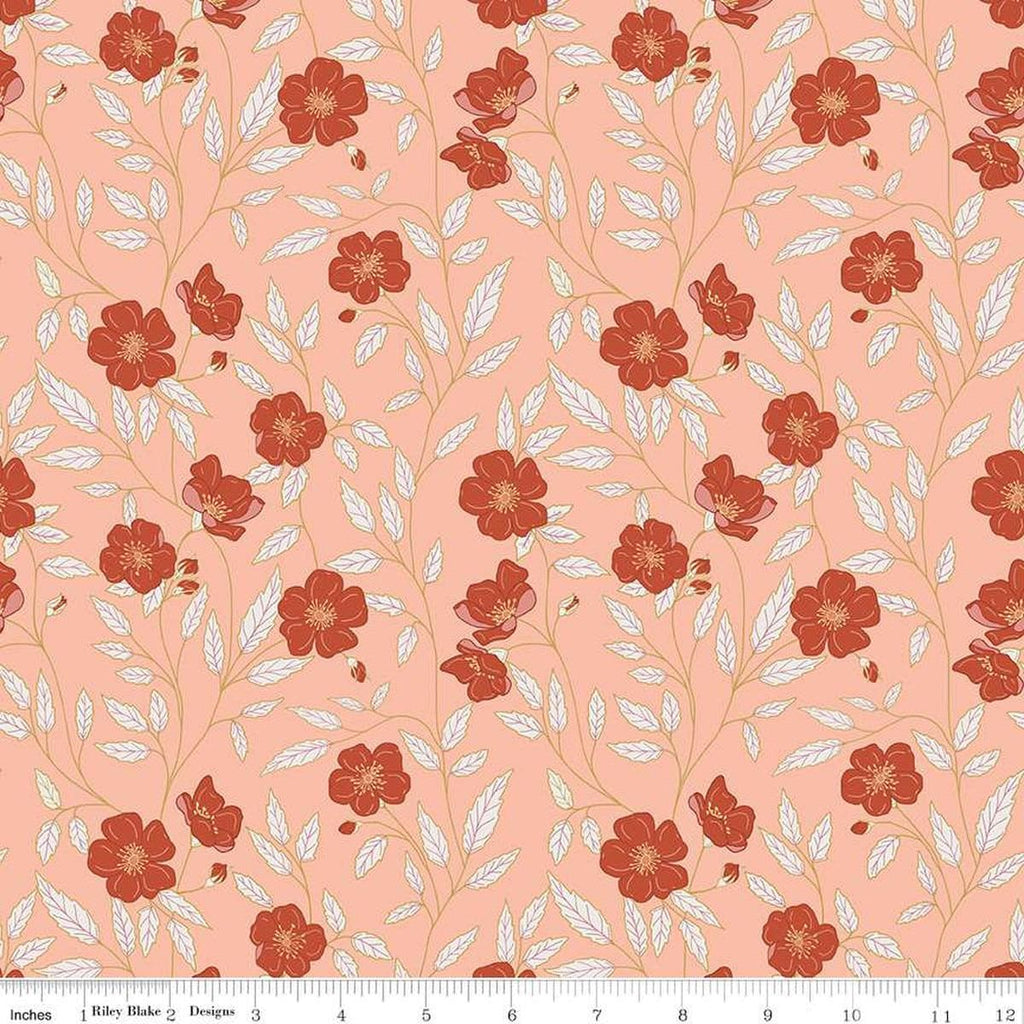 Image of the Garden Dreams Main Peaches 'n Cream quilting cotton fabric by Amber Elliot for Riley Blake Designs. Features flowers and vines on a light orange coral background. 
Cute Little Fabric Shop
