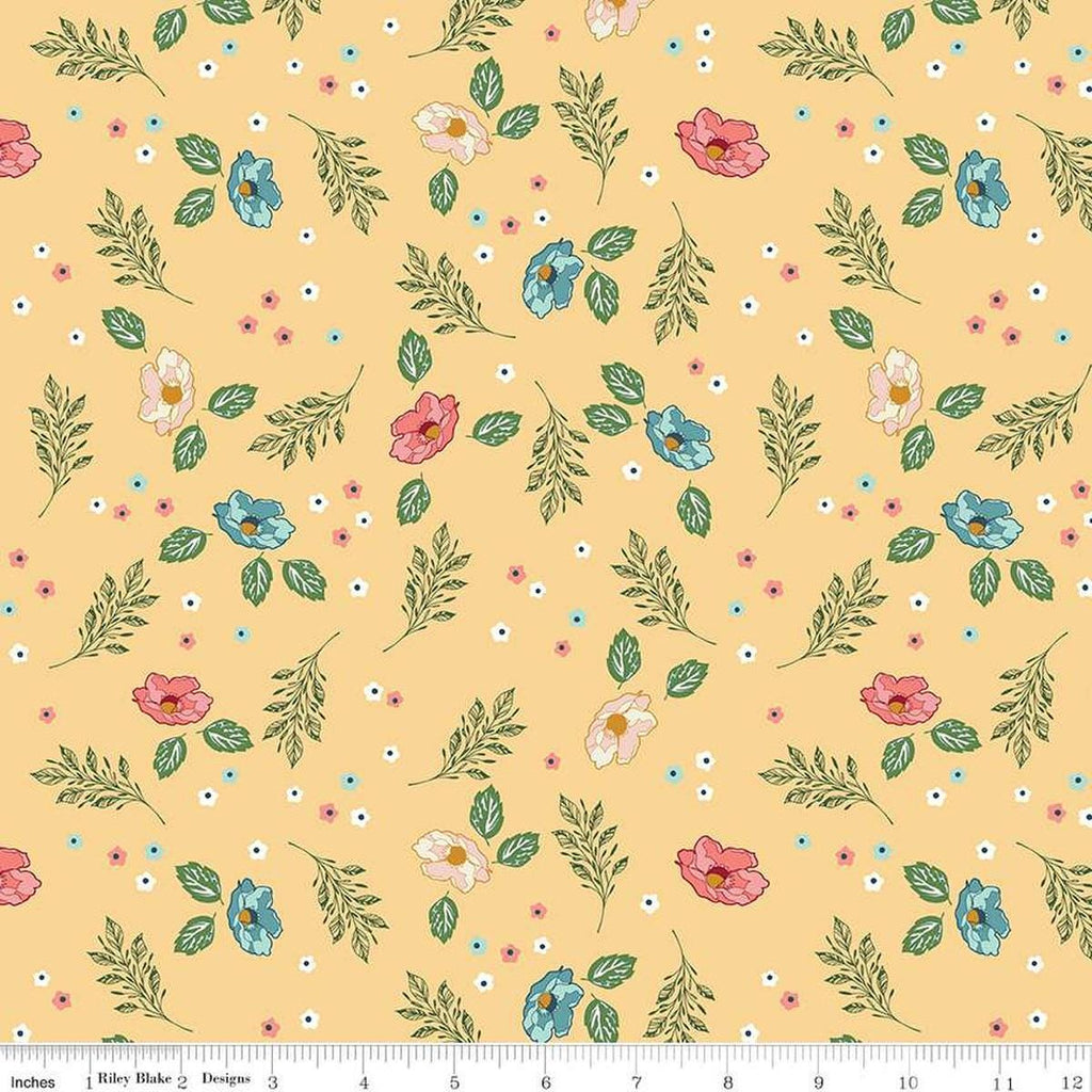 Image of the Melody Flower Fields Beehive quilting cotton fabric by Beverly McCullough for Riley Blake Designs. Features blossoms, flowers, and leaves on a light yellow background. 
Cute Little Fabric Shop