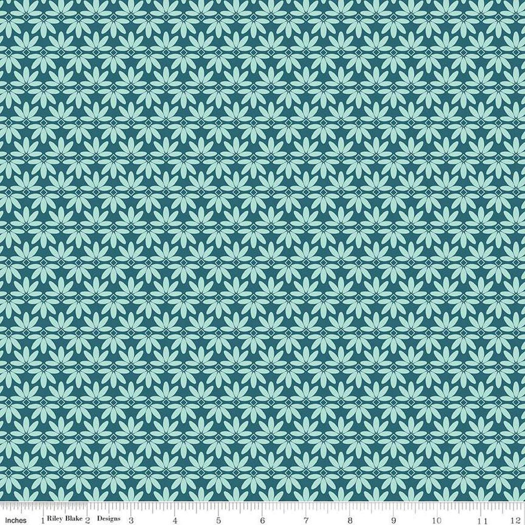 Image of the Melody Deco Leaves Colonial Blue quilting cotton fabric by Beverly McCullough for Riley Blake Designs. Features geometric green flowers on a dark blue background. 
Cute Little Fabric Shop
