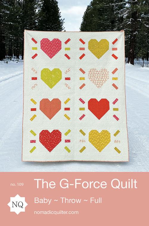 Image of the G-Force Quilt pattern by Nomadic Quilter for Moda Fabrics. Features a heart pattern on a cream background. 
Cute Little Fabric Shop