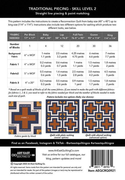 Image of the Reconnection quilt by the Art East Quilting Co for Riley Blake Designs. Features the fabric requirements for all 5 sizes of the quilt.
Cute Little Fabric Shop