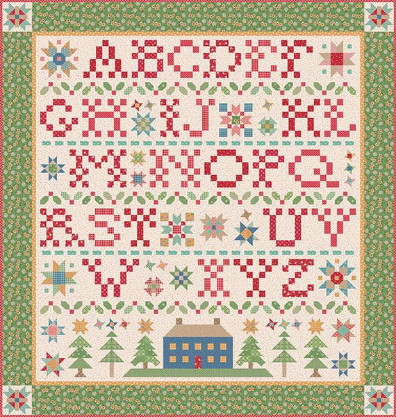 Image of the It's Sew Emma Home Town Sampler Quilt Pattern by Lori Holt for Riley Blake Designs. Features a quilt with the alphabet and a green border. 
Cute Little Fabric Shop