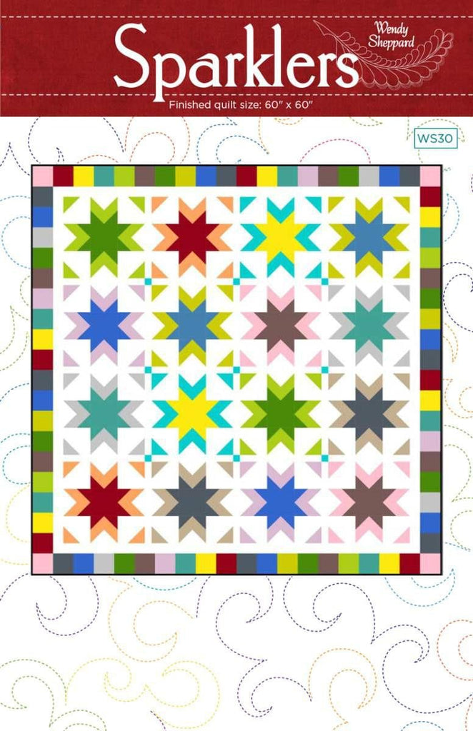 Image of the Sparklers quilt pattern by Wendy Sheppard for Riley Blake Designs. Features stars on a white background. 
Cute Little Fabric Shop