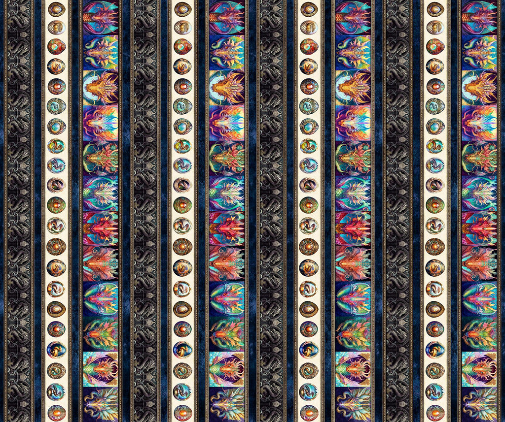 12" End of Bolt - Dragon Fyre 29929 Dragon Decorative Stripe X - by QT Fabrics - Fire Breathing Dragons Stripes - Quilting Cotton Fabric
