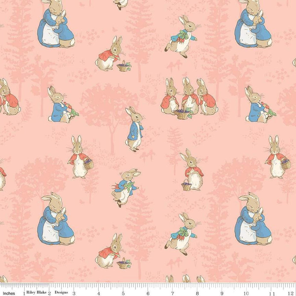 Image of the Flannel The Tale of Peter Rabbit Main Cream flannel cotton fabric by Beatrix Potter for Riley Blake Designs. Features characters on a light pink background. 
Cute Little Fabric Shop