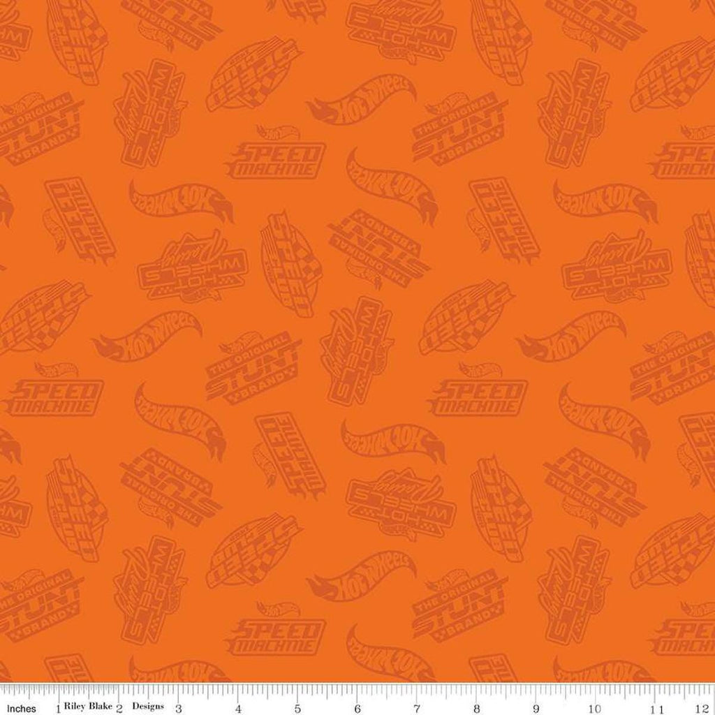 Image of the Hot Wheels Made to Race Tone-on-Tone Orange quilting cotton fabric by Riley Blake Designs. Official licensed product. Features tone-on-tone Hot Wheels logos and icons on an orange background. 
Cute Little Fabric Shop
