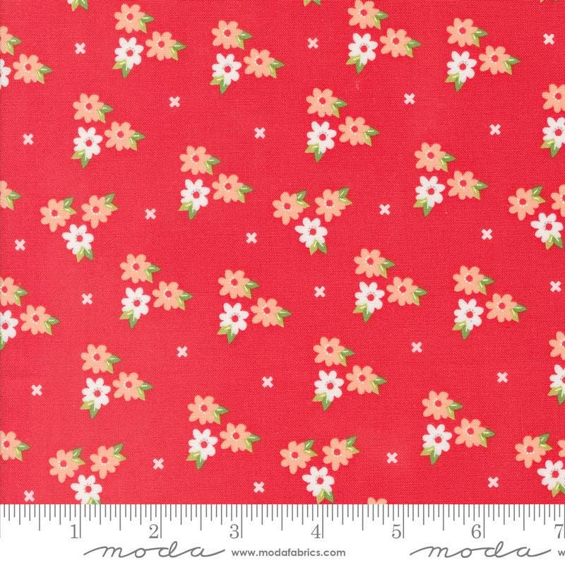 Image of the Laguna Sunrise Blossoms Geranium quilting cotton fabric by Sherri & Chelsi for Moda Fabrics. Features small flowers on a bright red background. 
Cute Little Fabric Shop