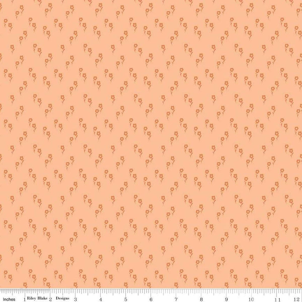 Image of the Wanderlust Jasmine Apricot quilting cotton fabric by Danelys Sidron for Riley Blake Designs. Features an array of flowers on a pale orange background. 
Cute Little Fabric Shop