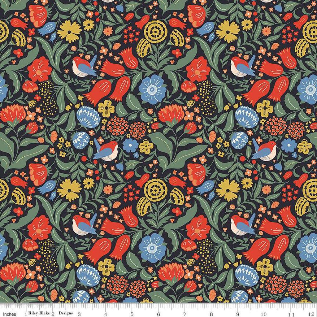 Image of the Wanderlust Main Charcoal quilting cotton fabric by Danelys Sidron for Riley Blake Designs. Features flowers, leaves, and birds on a dark brown black background. 
Cute Little Fabric Shop