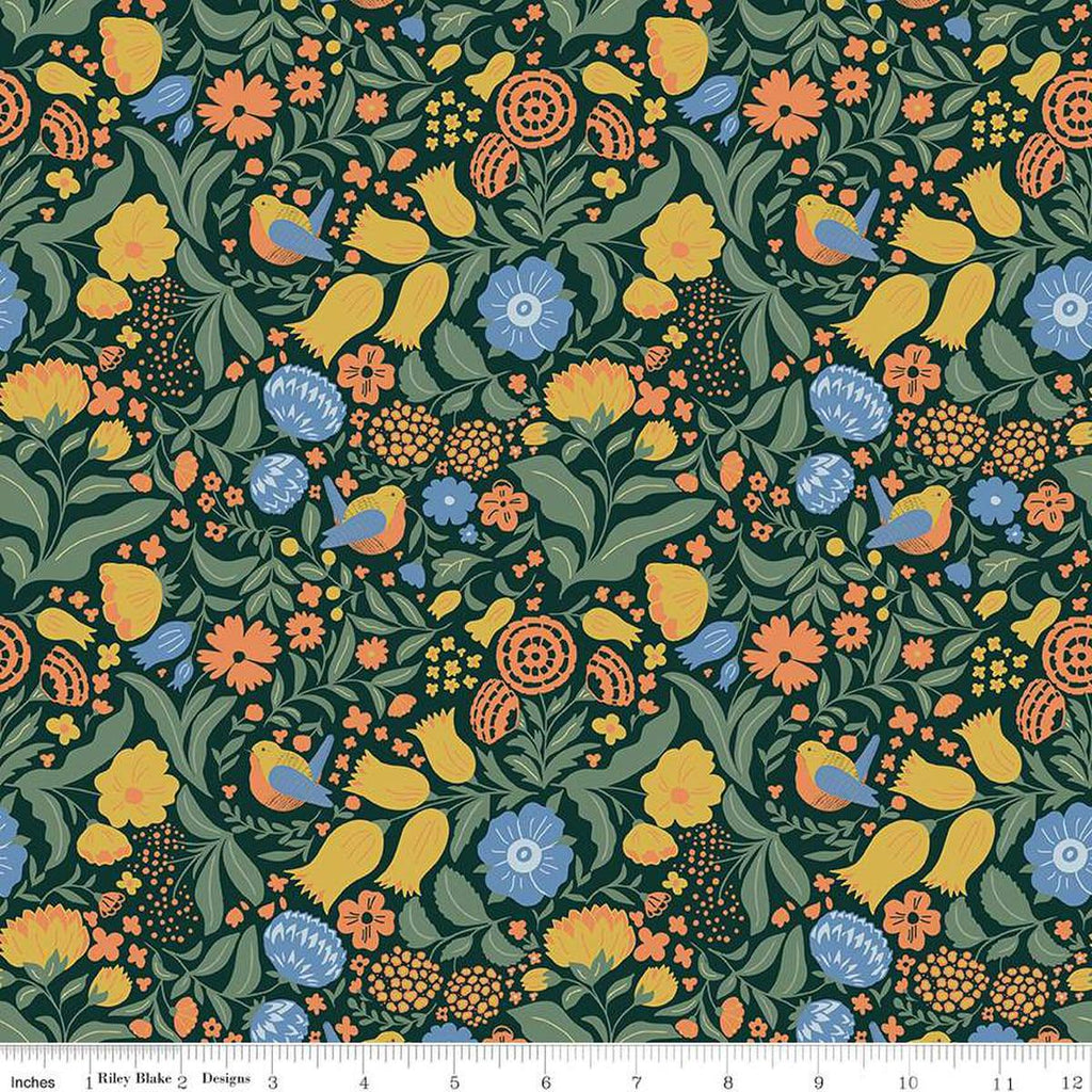 Image of the Wanderlust Main Dark Green quilting cotton fabric by Danelys Sidron for Riley Blake Designs. Features flowers, leaves, and birds on a dark green background. 
Cute Little Fabric Shop