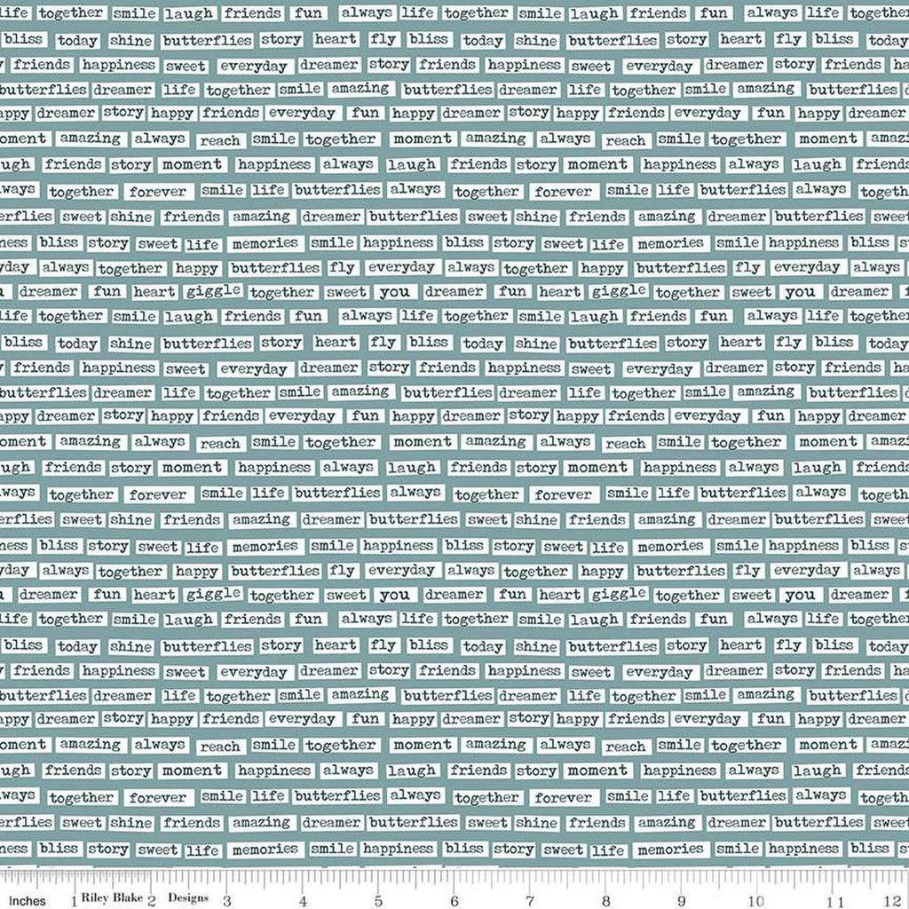 Image of the Vintage Charm Words Stone quilting cotton fabric by Dani Mogstad for Riley Blake Designs. Features typewriter text on a dusty blue background. 
Cute Little Fabric Shop
