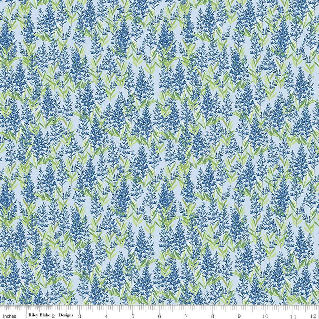 Image of the Perennial Sage Mist quilting cotton fabric by Jill Finley for Riley Blake Designs. Features small sprigs of flowers on a light blue background. 
Cute Little Fabric Shop