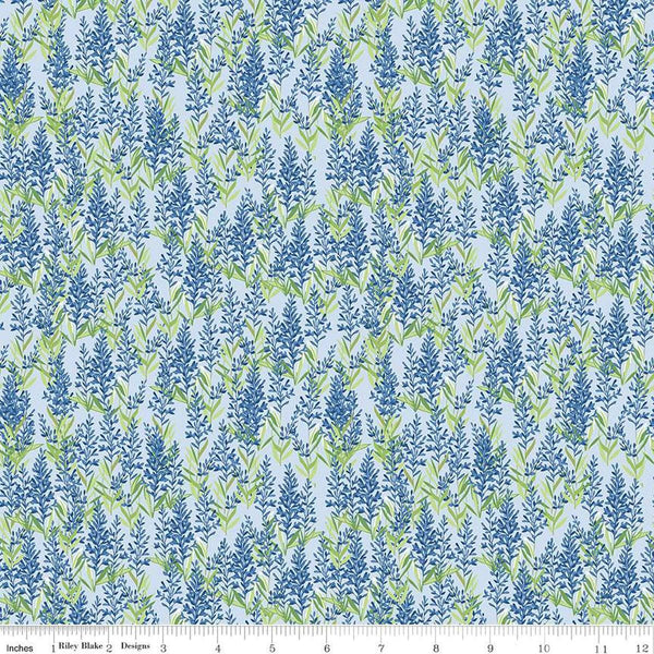 Image of the Perennial Sage Mist quilting cotton fabric by Jill Finley for Riley Blake Designs. Features small sprigs of flowers on a light blue background. 
Cute Little Fabric Shop