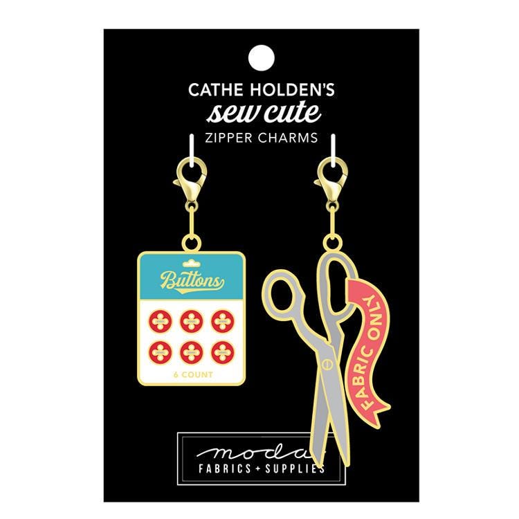 SALE Sew Cute Zipper Charms Enamel Button Card and Scissors CH102 by Cathe Holden - Moda Fabrics - Two Count - Lobster Clasps