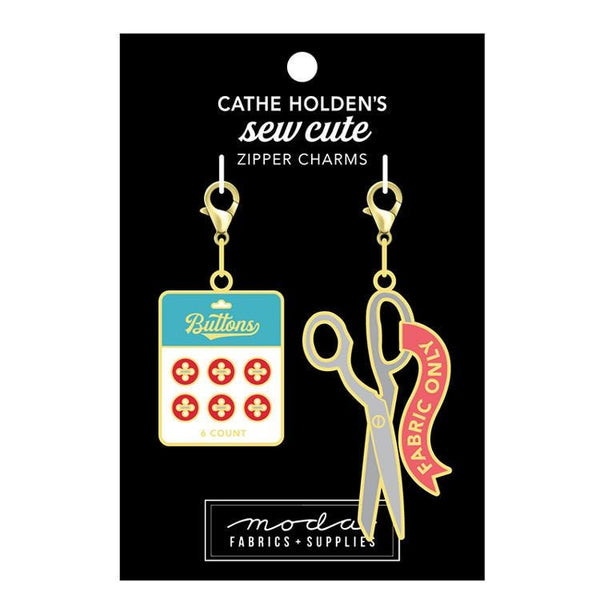 SALE Sew Cute Zipper Charms Enamel Button Card and Scissors CH102 by Cathe Holden - Moda Fabrics - Two Count - Lobster Clasps