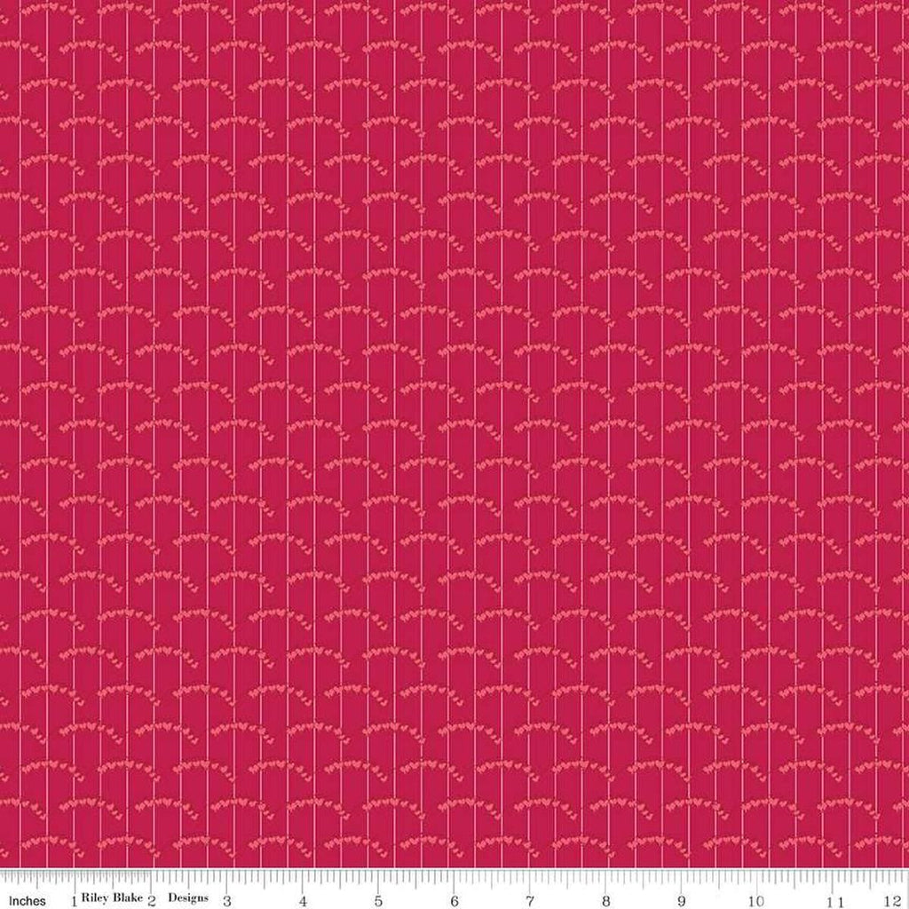 Image of the Perennial Heart Scallops Red quilting cotton fabric by Jill Finley for Riley Blake Designs. Features heart scallops on a striped background on a maroon background. 
Cute Little Fabric Shop