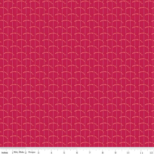 Image of the Perennial Heart Scallops Red quilting cotton fabric by Jill Finley for Riley Blake Designs. Features heart scallops on a striped background on a maroon background. 
Cute Little Fabric Shop