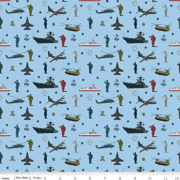 SALE Coming Home Armed Forces Main C14420 Blue by Riley Blake Designs - Personnel Vehicles Icons Patriotic - Quilting Cotton Fabric