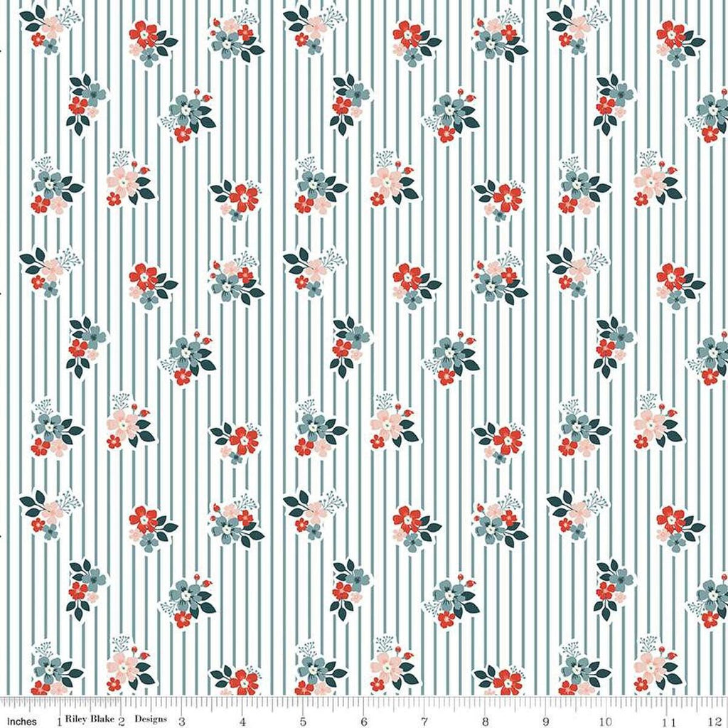 Image of the Vintage Charm Floral Stripe Stone quilting cotton fabric by Dani Mogstad for Riley Blake Designs. Features scattered flowers on a striped white background. 
Cute Little Fabric Shop