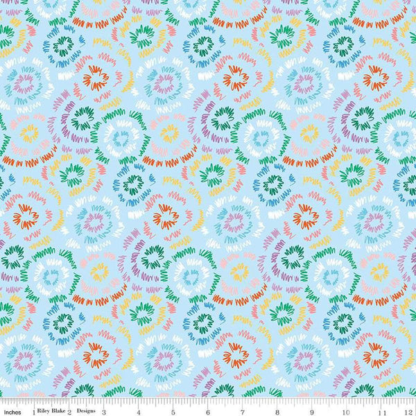 Image of the Get Your Cray-on with Crayola Fireworks Sky quilting cotton fabric by Riley Blake Designs. Official Licensed Product. Features colorful doodles on a light blue background. 
Cute Little Fabric Shop