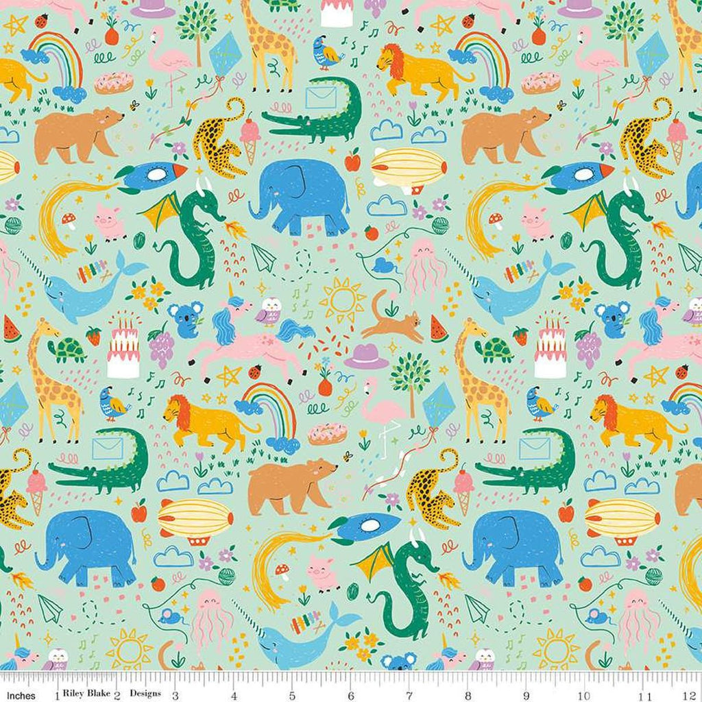 Image of the Get Your Cray-on with Crayola Main Mint quilting cotton fabric by Riley Blake Designs. Official Licensed Product. Features colorful animals, flowers, and doodles on a pale green background. 
Cute Little Fabric Shop