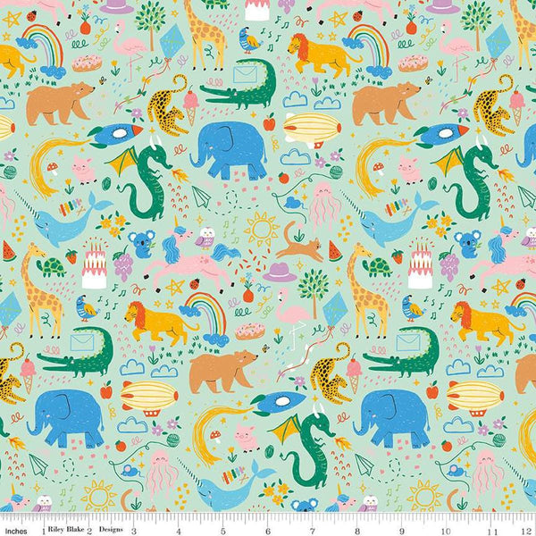 Image of the Get Your Cray-on with Crayola Main Mint quilting cotton fabric by Riley Blake Designs. Official Licensed Product. Features colorful animals, flowers, and doodles on a pale green background. 
Cute Little Fabric Shop