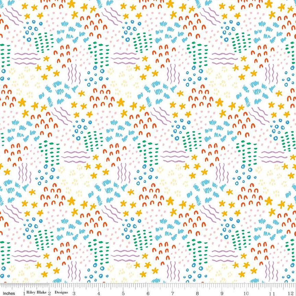 Image of the Get Your Cray-on with Crayola Dense Doodle White quilting cotton fabric by Riley Blake Designs. Official Licensed Product. Features crayon-drawn squiggles and doodles on a white background. 
Cute Little Fabric Shop